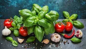 ai generato fresco basilico, pomodori, aglio e altro verdure su un' buio blu sfondo foto