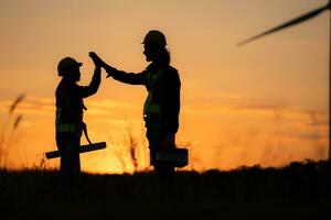 silhouette di ingegnere nel caricare di vento energia contro un' sfondo di vento turbine. alto cinque dopo completando quotidiano compiti. foto