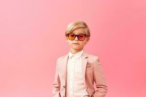 ai generato elegante ragazzo nel rosa blazer con di moda occhiali da sole ritratto foto