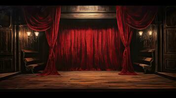 ai generato drammatico Teatro palcoscenico con rosso le tende sotto riflettore foto