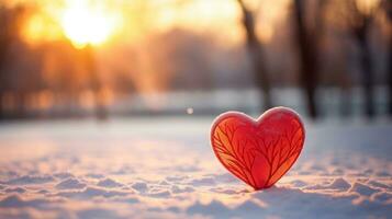 ai generato rosso cuore nel neve contro tramonto, simboleggiante inverno amore foto