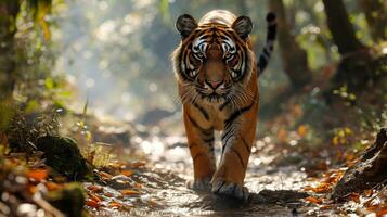 ai generato maestoso tigre fissando intensamente nel lussureggiante foresta ambiente. foto