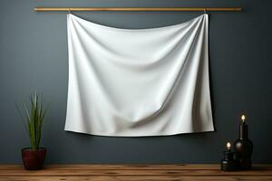 ai generato elegante drappeggiato bianca tessuto bandiera modello su parete foto