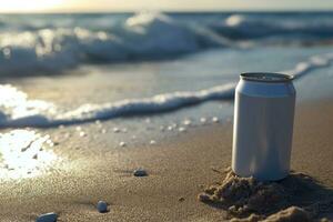 ai generato vuoto bevanda può modello su sabbioso spiaggia a tramonto foto