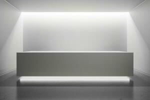 ai generato minimalista bianca galleria spazio con illuminato moderno cubo foto
