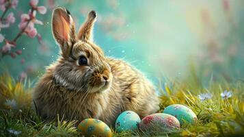 ai generato Pasqua coniglietto con dipinto uova in mezzo fiori. foto