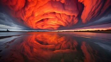 ai generato ardente tramonto nuvole riflettendo al di sopra di calma lago acque. foto