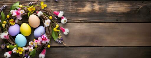 ai generato colorato Pasqua uova e primavera fiori su di legno sfondo foto