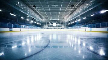 ai generato vuoto ghiaccio hockey pista con bagliore e arena posti a sedere foto