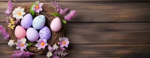 ai generato colorato Pasqua uova e primavera fiori su di legno sfondo foto