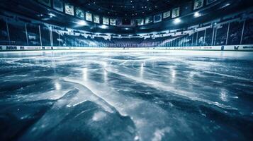 ai generato vuoto ghiaccio hockey pista con bagliore e arena posti a sedere foto