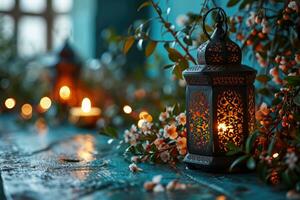 ai generato intricato lanterna in mezzo floreale fioriture celebra eid mubarak foto
