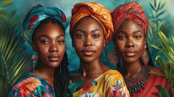 ai generato tre donne nel tradizionale africano fasce per la testa e abbigliamento foto
