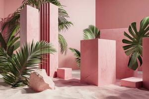 ai generato moderno rosa minimalista design con tropicale impianti e marmo foto