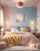 ai generato accogliente Camera da letto nel rosa e blu pastello colori foto