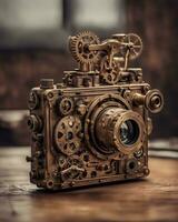 ai generato steampunk meccanico telecamera su di legno tavolo foto