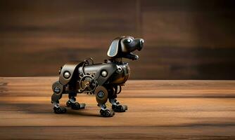 ai generato bronzo steampunk cane su di legno tavolo foto