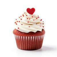 ai generato rosso velluto Cupcake con crema formaggio glassatura e un' fondente cuore su un' bianca sfondo, concetto per san valentino giorno foto