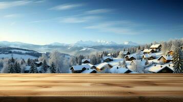 ai generato un' di legno piattaforma prospiciente bellissimo rurale neve villaggio scenario, sereno Visualizza, modello con copia spazio, campagna paesaggio foto