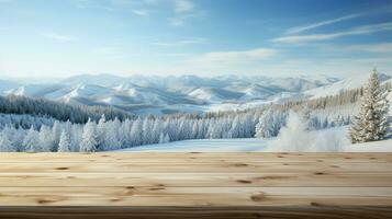 ai generato un' di legno piattaforma prospiciente bellissimo rurale neve villaggio scenario, sereno Visualizza, modello con copia spazio, campagna paesaggio foto