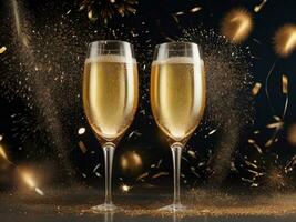 ai generato bicchieri di Champagne con spruzzo e fuoco d'artificio pronto per portare nel il nuovo anno 2024 foto