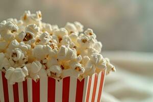 ai generato Popcorn nel rosso a strisce tazza foto