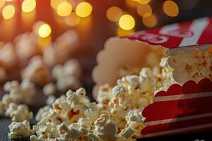ai generato iscrizione biglietto per il cinema con Popcorn in giro foto