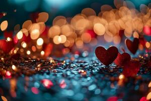 ai generato un' amore sfondo con galleggiante carta cuori e coriandoli nel un' sognante, bokeh illuminato ambientazione, Perfetto per romantico celebrazioni o San Valentino giorno temi foto