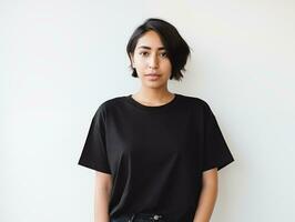 ai generato attraente giovane donna indossare vuoto vuoto oversize nero maglietta modello per design modello foto