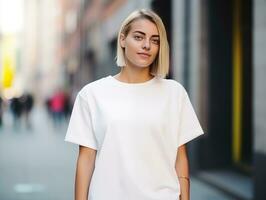 ai generato attraente giovane donna indossare vuoto vuoto oversize bianca maglietta modello per design modello foto
