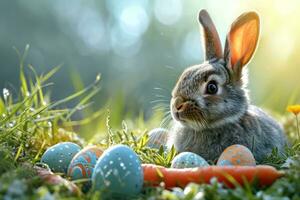 ai generato coniglio con carota e Pasqua uova. generativo ai foto