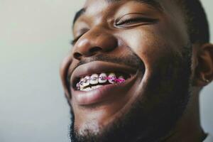 ai generato africano americano persona con bretelle sorridente. il concetto di moderno odontoiatria. generativo ai foto