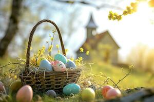 ai generato un' tradizionale Pasqua con un' cestino pieno uova e un' piccolo Chiesa nel il sfondo. generativo ai foto
