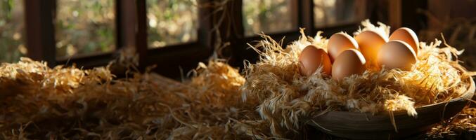 ai generato ragnatela bandiera con pollo uova su cannuccia nel un' fienile, luminosa soleggiato mattina, mattina prima Pasqua e contento vacanza, fresco pollo uova a partire dal il azienda agricola foto