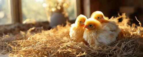 ai generato bandiera con un' nido con poco giallo pulcini su un' luminosa soleggiato Domenica giorno su un' azienda agricola, idea per un' carta per contento Pasqua. foto