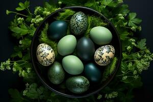 ai generato multicolore uova su buio sfondo, un idea per carta o manifesto per Pasqua, il idea di un' nuovo vita foto