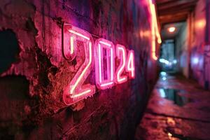 ai generato rosa neon leggero con numero 2024 su scuro. generativo ai foto