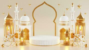 3d Ramadan kareem podio con d'oro Luna stella e lanterna, moschea porta islamico modello, Arabo caffè pentola, Data palma frutta, podio come lusso islamico sfondo. decorazione per Ramadan kareem. foto