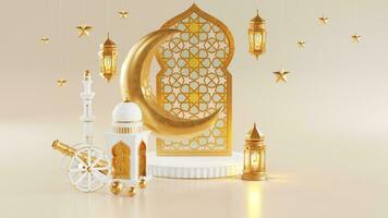 3d Ramadan kareem podio con d'oro Luna stella e lanterna, moschea porta islamico modello, Arabo caffè pentola, Data palma frutta, podio come lusso islamico sfondo. decorazione per Ramadan kareem. foto