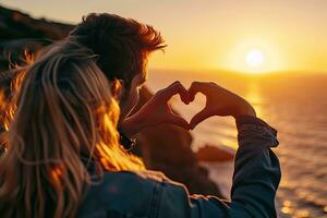 ai generato san valentino giorno concetto, giovane uomo e donna la creazione di cuore forma di mani a tramonto. generativo ai foto