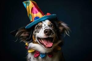 ai generato divertente cane nel un' clown cappello, aprile scemo, circo esecutore, allenato animale, largo Sorridi e risata foto