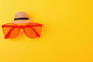 ai generato un' luminosa arancia estate striscione, rosso occhiali da sole e un' cappello con un' tesa, un' posto per testo foto