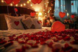 ai generato un elegante Camera da letto decorato per San Valentino giorno, con rosso e bianca a forma di cuore palloncini, rosa petali sparpagliato su il letto foto