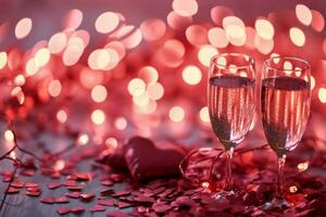 ai generato affascinante San Valentino giorno sfondo con un' morbido rosa e rosso colore schema con a forma di cuore coriandoli, scintillio Fata luci, e un' paio di elegante Champagne bicchieri foto