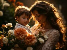 ai generato tenero mamma amorevolmente Tenere sua bambino all'aperto , circondato di fioritura fiori e un' caldo tramonto splendore foto