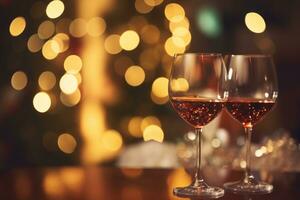 ai generato uno vino bottiglia e uno vino bicchiere su il tavolo. Natale luci su sfondo. foto