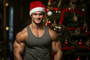 ai generato un' muscolare bodybuilder nel un' Santa cappello, con fiducia in posa con un' Natale albero nel il sfondo, evidenziazione tutti e due forza e vacanza rallegrare foto