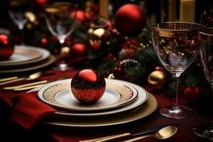 ai generato elegante tavolo impostato nel rosso argento e oro, per Natale cena ambientazione, . foto