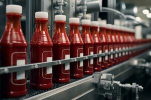 ai generato efficienza e precisione di un automatizzato montaggio linea Riempimento e confezione ketchup bottiglie. foto