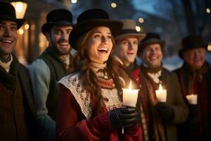 ai generato un' gruppo di Natale carolers vestito nel era vittoriana inverno abbigliamento, cantando con un' illuminato da lanterne nevoso strada nel il sfondo foto